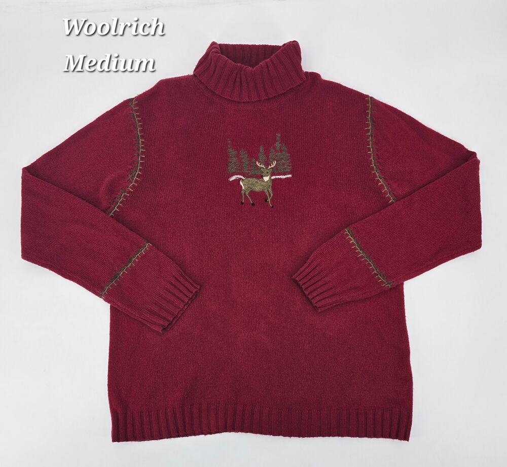 Woolrich Cabin core Woodland Ruby Red‎ Deer Embroidered Sweater – Women’s Medium